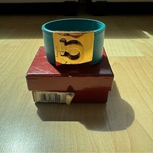 Ferragamo Gold and Teal Leather Bracelet